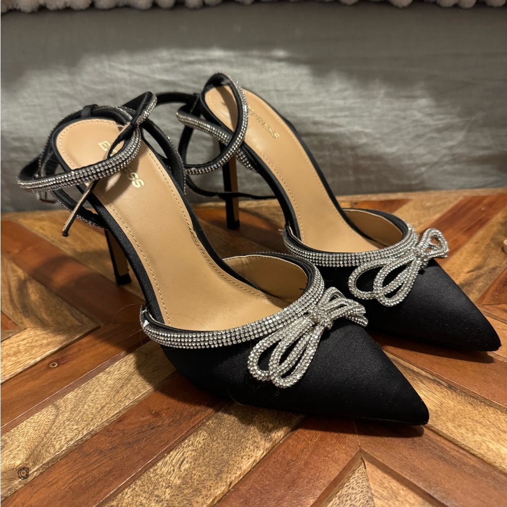 Satin Black Heels with Silver crystal Bows